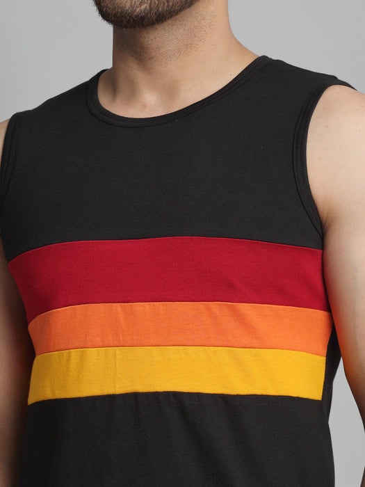 Black Color Block Cotton Sleeveless Vest T-Shirt