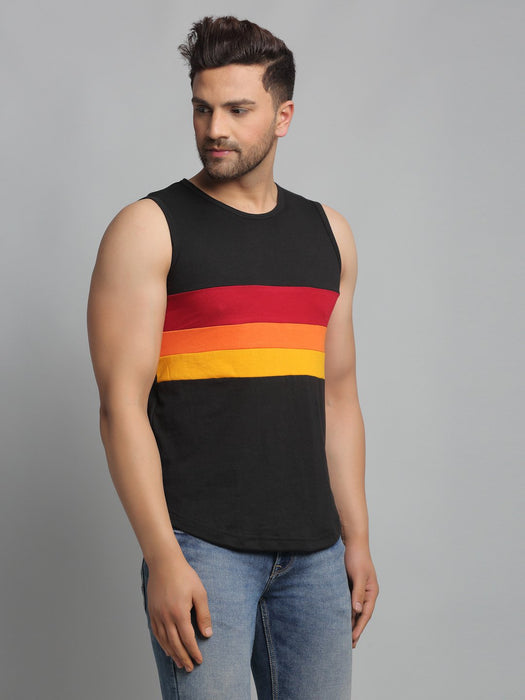 Black Color Block Cotton Sleeveless Vest T-Shirt