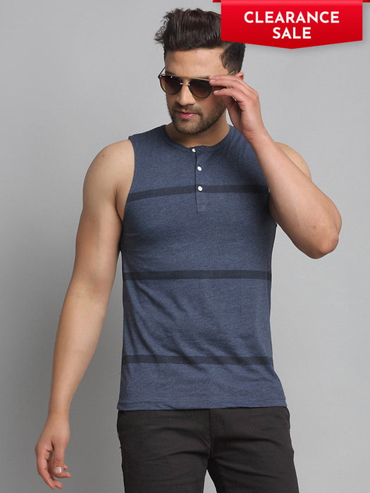 Blue Printed All Over Stripe Henley Neck Sleeveless Vest T-shirt