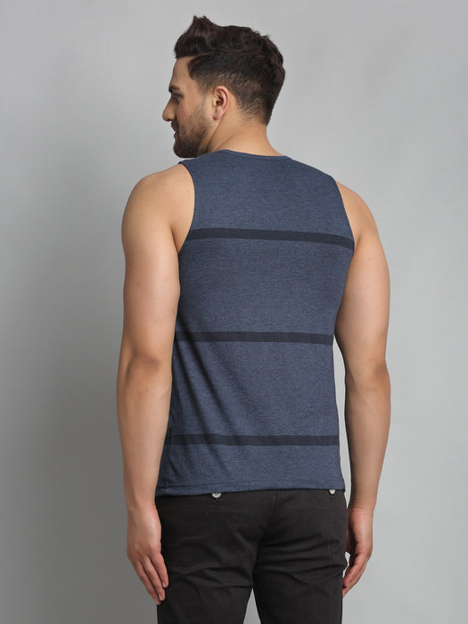 Blue Printed All Over Stripe Henley Neck Sleeveless Vest T-shirt