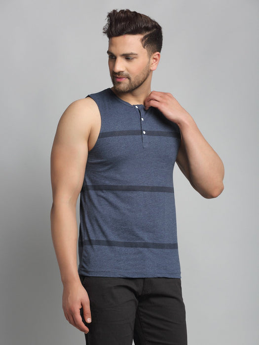 Blue Printed All Over Stripe Henley Neck Sleeveless Vest T-shirt