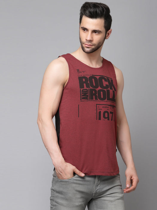 Maroon Black Placement Print Cotton Sleeveless T-Shirt Vest with Curved Bottom