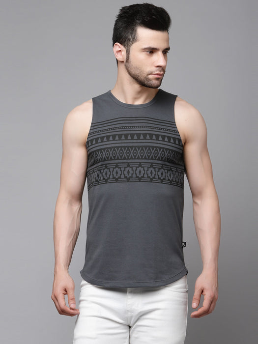 Dark Grey Placement Print Sleeveless T-Shirt Vest With Curved Bottom