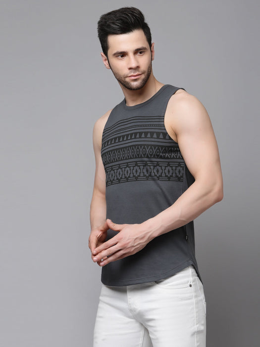 Dark Grey Placement Print Sleeveless T-Shirt Vest With Curved Bottom