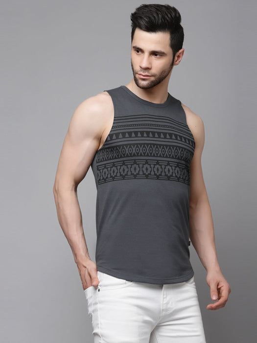 Dark Grey Placement Print Sleeveless T-Shirt Vest With Curved Bottom