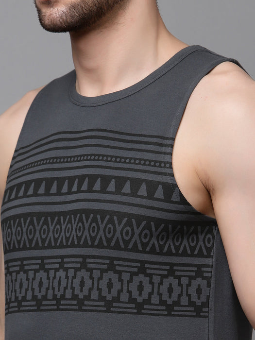 Dark Grey Placement Print Sleeveless T-Shirt Vest With Curved Bottom