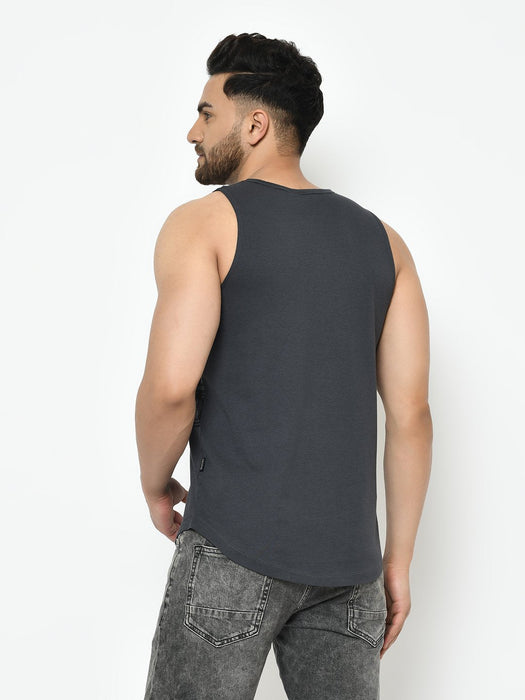 Dark Grey Placement Print With Curved Bottom Sleeveless T-Shirt Vest