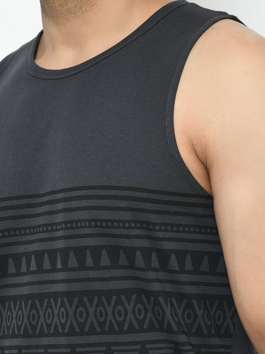 Dark Grey Placement Print With Curved Bottom Sleeveless T-Shirt Vest