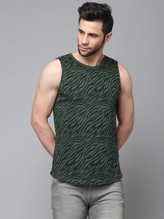 Bottle Green All Over Zebra Print with Curved Bottom Cotton Sleeveless T-Shirt Vest