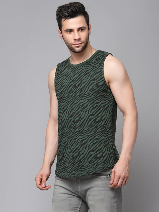 Bottle Green All Over Zebra Print with Curved Bottom Cotton Sleeveless T-Shirt Vest