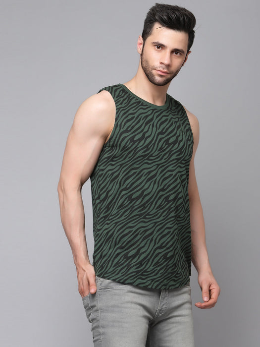 Bottle Green All Over Zebra Print with Curved Bottom Cotton Sleeveless T-Shirt Vest