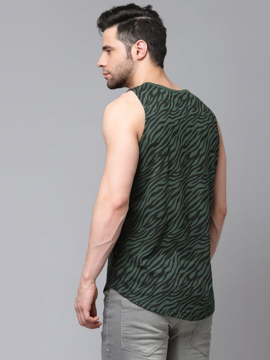 Bottle Green All Over Zebra Print with Curved Bottom Cotton Sleeveless T-Shirt Vest