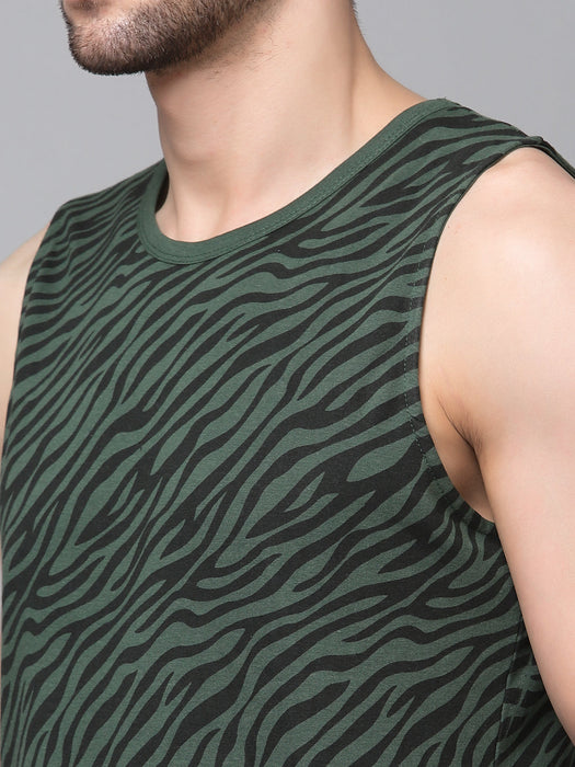 Bottle Green All Over Zebra Print with Curved Bottom Cotton Sleeveless T-Shirt Vest