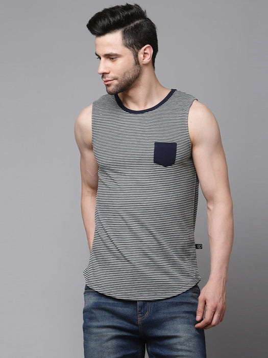 Grey Navy Stripe With Contrast Patch Pocket Cotton Sleeveless Vest T-Shirt