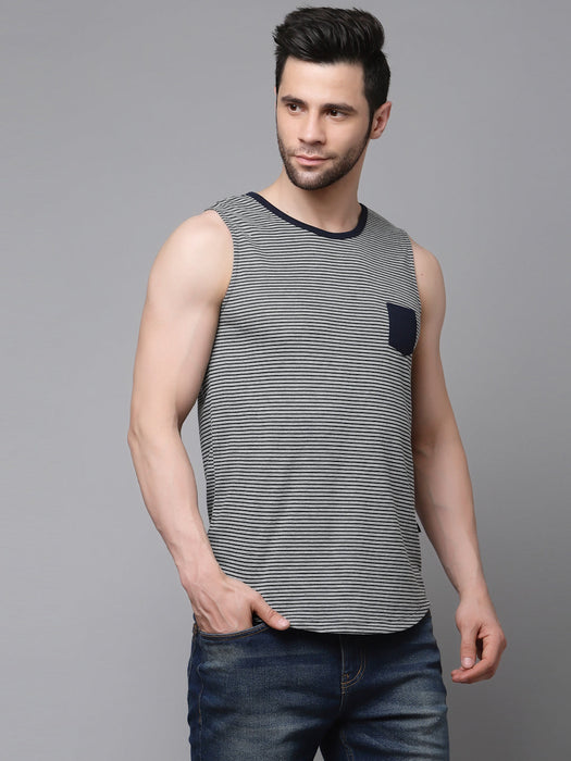 Grey Navy Stripe With Contrast Patch Pocket Cotton Sleeveless Vest T-Shirt