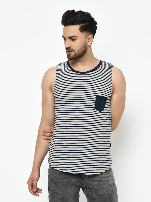 Grey Navy Stripe With Contrast Patch Pocket Curved Bottom Cotton Sleeveless T-Shirt Vest