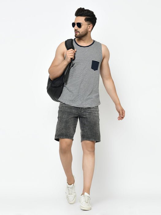 Grey Navy Stripe With Contrast Patch Pocket Curved Bottom Cotton Sleeveless T-Shirt Vest