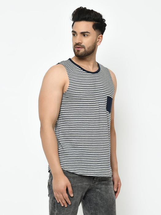 Grey Navy Stripe With Contrast Patch Pocket Curved Bottom Cotton Sleeveless T-Shirt Vest