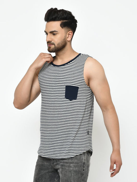 Grey Navy Stripe With Contrast Patch Pocket Curved Bottom Cotton Sleeveless T-Shirt Vest