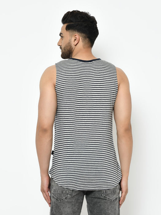 Grey Navy Stripe With Contrast Patch Pocket Curved Bottom Cotton Sleeveless T-Shirt Vest