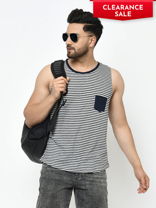 Grey Navy Stripe With Contrast Patch Pocket Curved Bottom Cotton Sleeveless T-Shirt Vest