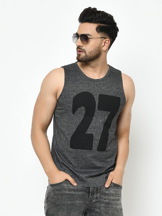 Charcoal Numerical Print Curved Bottom Cotton Sleeveless T-Shirt Vest