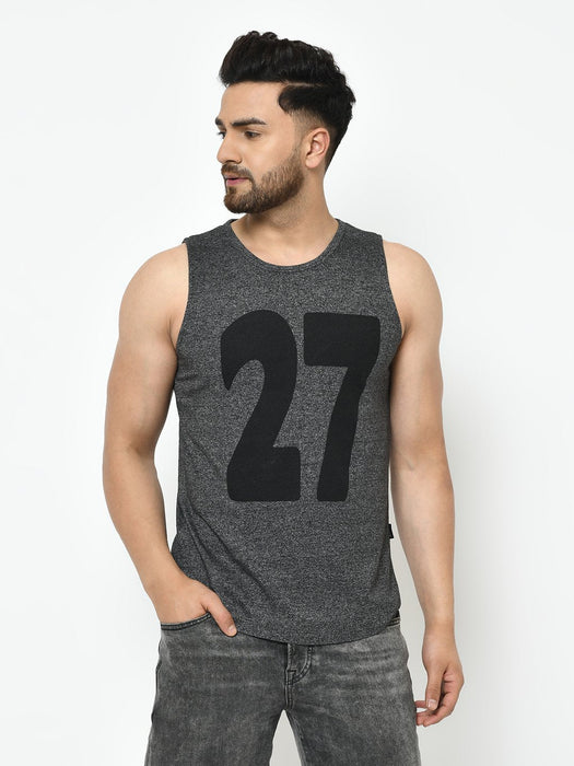 Charcoal Numerical Print Curved Bottom Cotton Sleeveless T-Shirt Vest