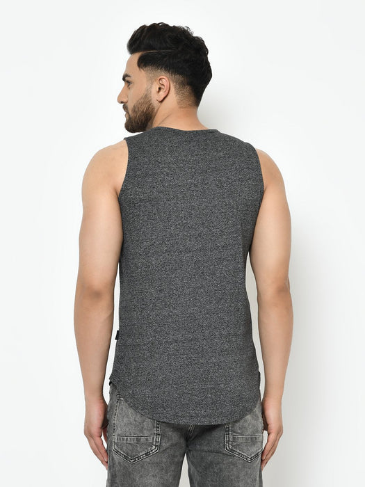 Charcoal Numerical Print Curved Bottom Cotton Sleeveless T-Shirt Vest