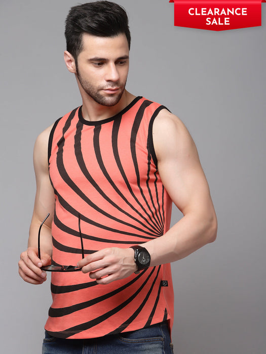 Orange Geometric Printed with Curved Bottom Round Neck Sleeveless T-Shirt Vest