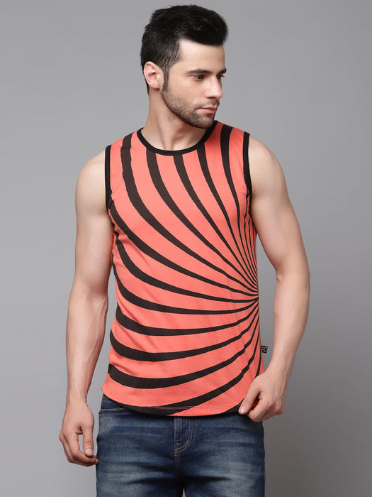 Orange Geometric Printed with Curved Bottom Round Neck Sleeveless T-Shirt Vest