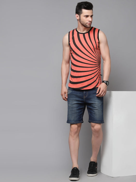 Orange Geometric Printed with Curved Bottom Round Neck Sleeveless T-Shirt Vest