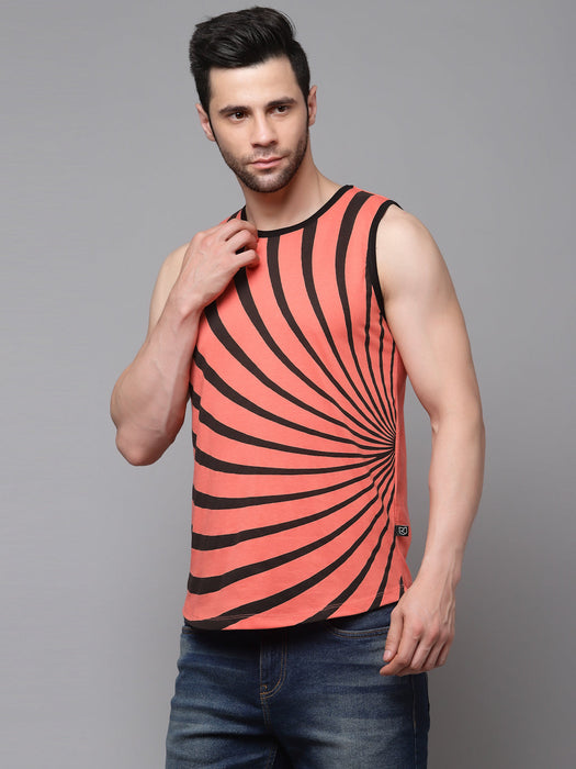 Orange Geometric Printed with Curved Bottom Round Neck Sleeveless T-Shirt Vest