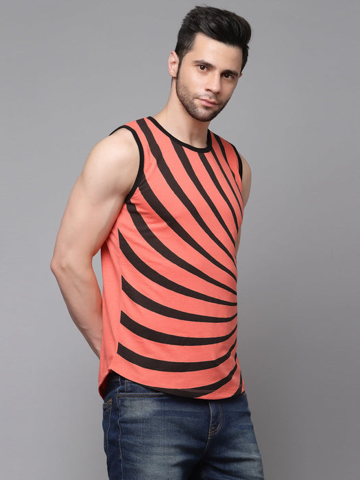 Orange Geometric Printed with Curved Bottom Round Neck Sleeveless T-Shirt Vest