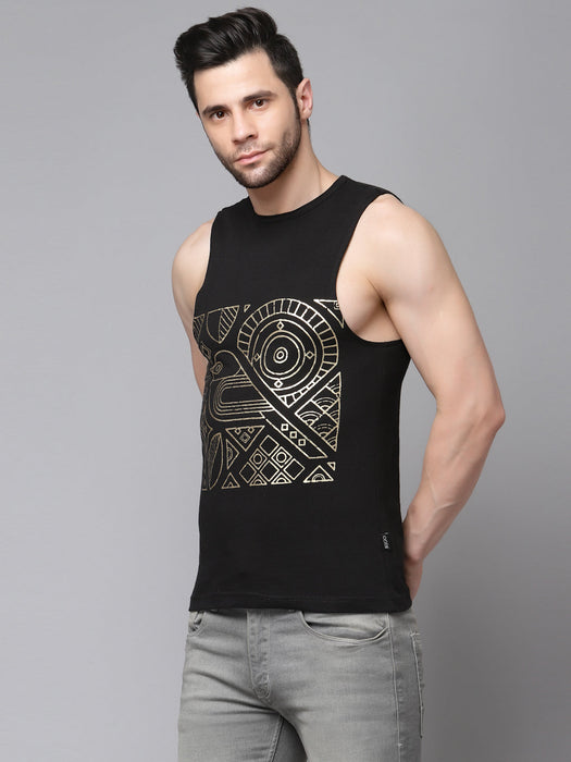 Black Placement Print Cotton Sleeveless T-shirt Vest