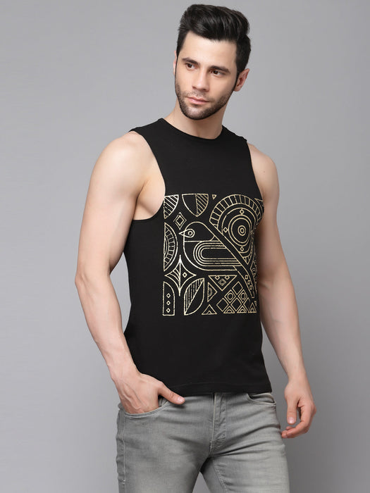 Black Placement Print Cotton Sleeveless T-shirt Vest