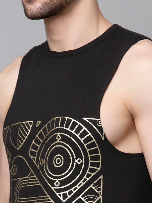 Black Placement Print Cotton Sleeveless T-shirt Vest