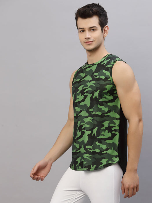 Green Camouflage Round Neck Sleeveless Activewear T-Shirt Vest