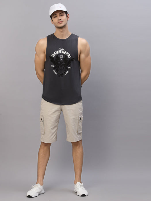 Dark Grey Printed Sleeveless Round Neck T-Shirt Vest