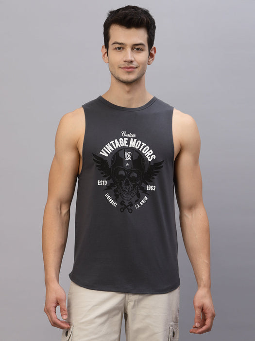 Dark Grey Printed Sleeveless Round Neck T-Shirt Vest