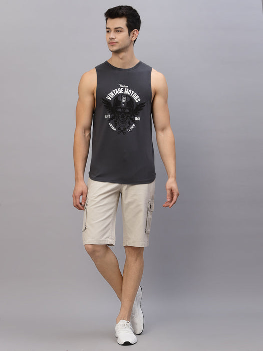 Dark Grey Printed Sleeveless Round Neck T-Shirt Vest