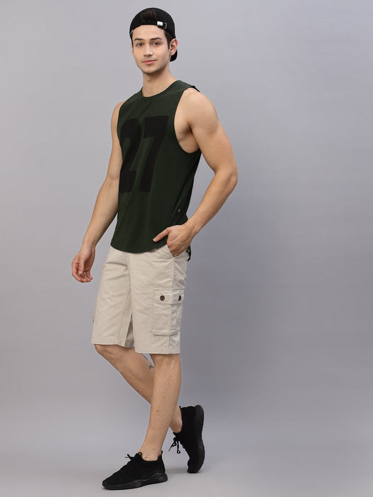 Bottle Green Numerical Print Round Neck Sleeveless T-Shirt Vest