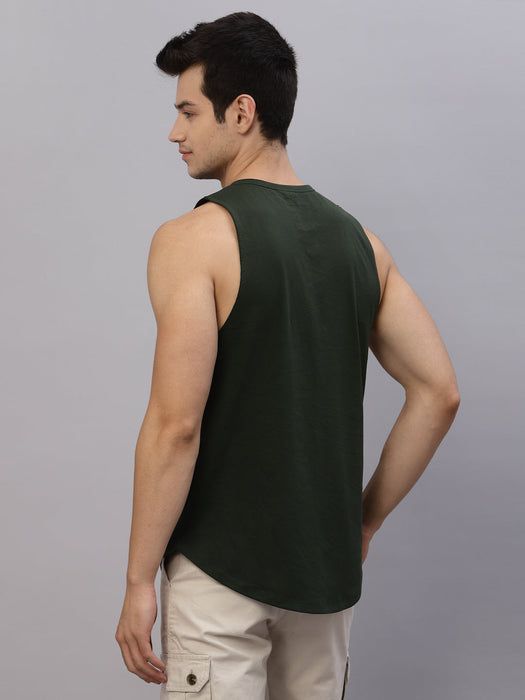 Bottle Green Numerical Print Round Neck Sleeveless T-Shirt Vest