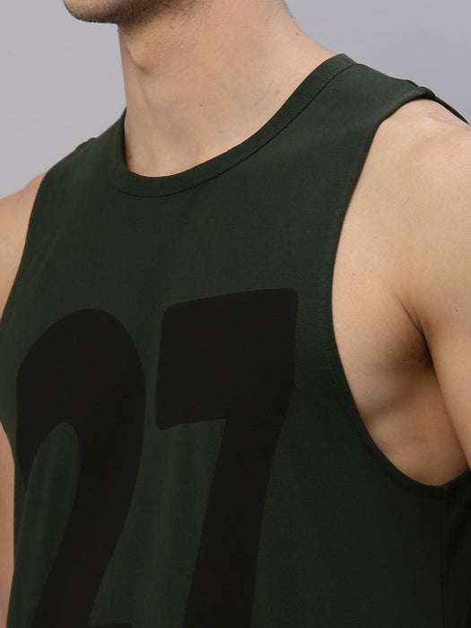 Bottle Green Numerical Print Round Neck Sleeveless T-Shirt Vest