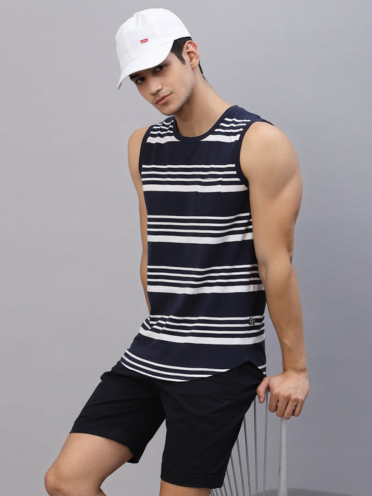 White Navy Striped Round Neck Sleeveless T-Shirt Vest