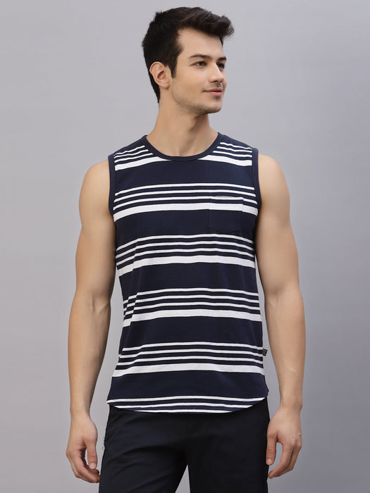 White Navy Striped Round Neck Sleeveless T-Shirt Vest