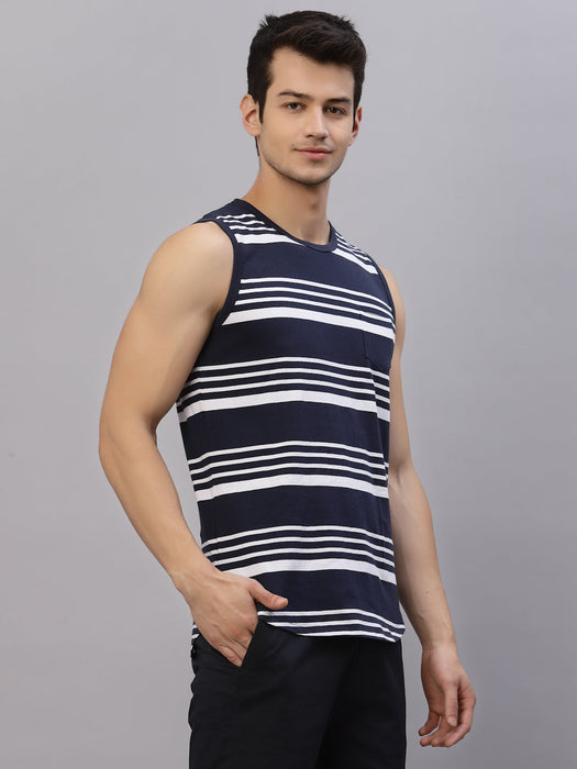 White Navy Striped Round Neck Sleeveless T-Shirt Vest