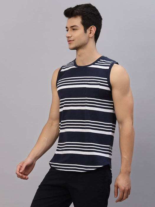 White Navy Striped Round Neck Sleeveless T-Shirt Vest