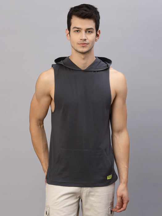 Dark Grey  Hooded With Kangaroo Pocket Sleeveless T-Shirt Vest