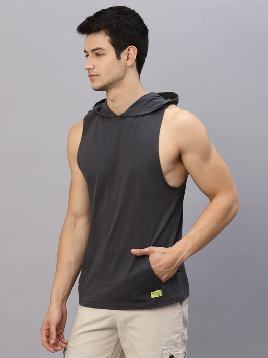 Dark Grey  Hooded With Kangaroo Pocket Sleeveless T-Shirt Vest