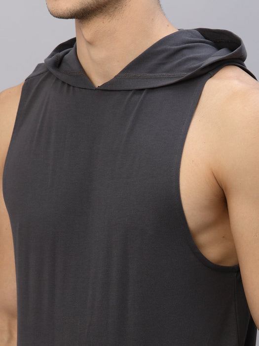 Dark Grey  Hooded With Kangaroo Pocket Sleeveless T-Shirt Vest